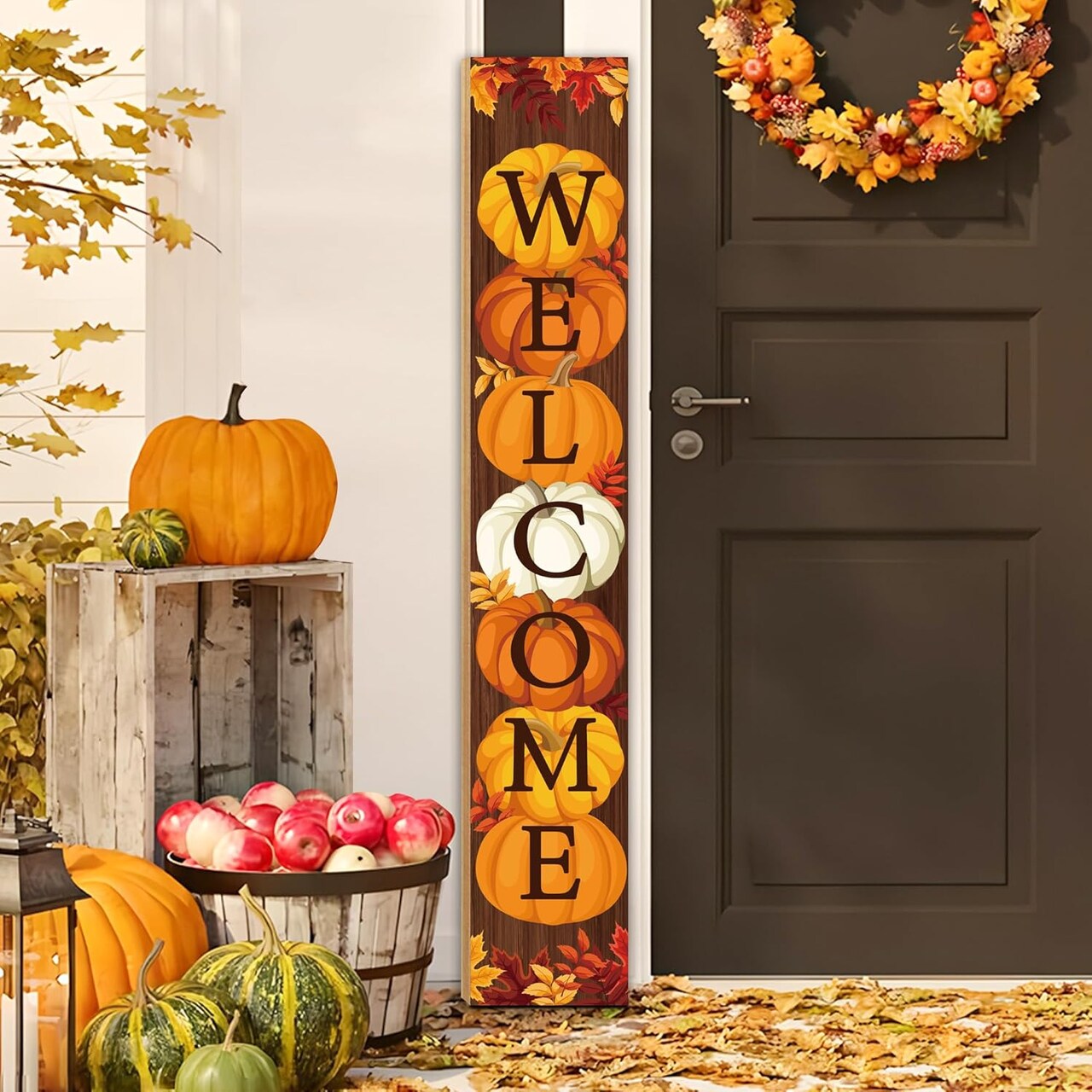 47" Fall Wooden Porch Sign Vertical Fall Welcome Standing Signs(brown)